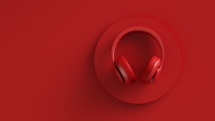Flat lay image of wireless headphones top view. Red background solid color design. 3d illustration