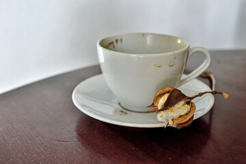 Valencia, Spain: 10.18.2020; The cotton box on the saucer of coffee cup