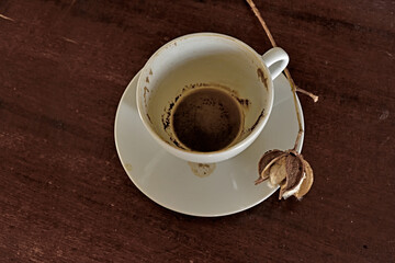 Valencia, Spain: 10.18.2020; The cup of coffee and saucer with cotton box