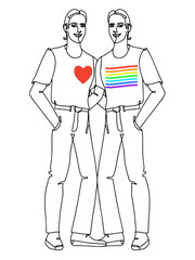 Gay couple. Close relationships,love hugs. Embrace. One continuous hand drawn line art. Isolated outline minimal style in white background. Pride month. LGBT.