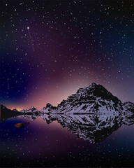 Fototapeta premium Mountain lake at night. Landscape with mountains and starry sky reflect in water. Vector illustration.