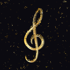  Luxury Gold Treble Clef of the stellar against on flying random golden notes. Beautiful musical notation symphony for banner of festival, print design, melody recording, design back layers. Vector - obrazy, fototapety, plakaty