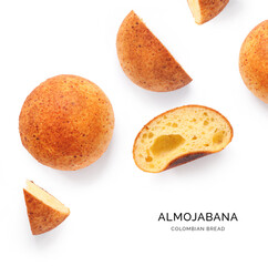 Creative layout made of almojabana on the white background. Flat lay. Food concept. 