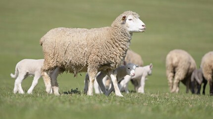 Naklejka na ściany i meble lambs on grass, ile de france sheep