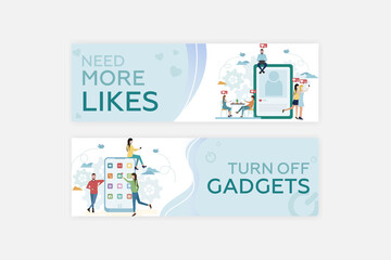Banner. Social media addiction. People like on social media in front of a big gadget. People communicate on social networks near a large smartphone. Vector.