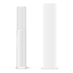 Vector 3d Realistic Closed White Lip Gloss, Lipstick Package, Carton Packing Set Isolated on White. Glass Container, Tube, Lid, Brush. Plastic Transparent Bottle Design Template, Mockup. Front View