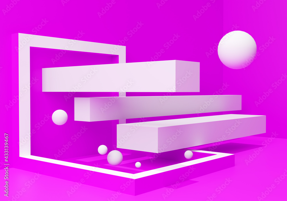 Poster abstract geometry. background for inscriptions. lilac background with balls and rectangles. 3 d imag