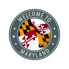Welcome to Maryland. Gray stamp with a waving state flag.
