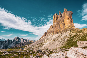 Fototapeta na wymiar Panoramic view of the Sexten Dolomites in Italy. Three Peaks of Lavaredo.