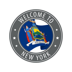 Welcome to New York. Gray stamp with a waving state flag.