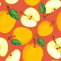 Yellow apple seamless pattern. Watercolor juicy fruit with leaves and seeds on red pastel background. Fresh harvest illustration for wrapping paper, wallpaper, print. Whole and sliced apple
