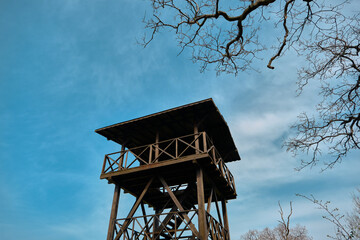 A wooden house made for bird watching in Karacabey floodplain and forest with magnificent blue sky background