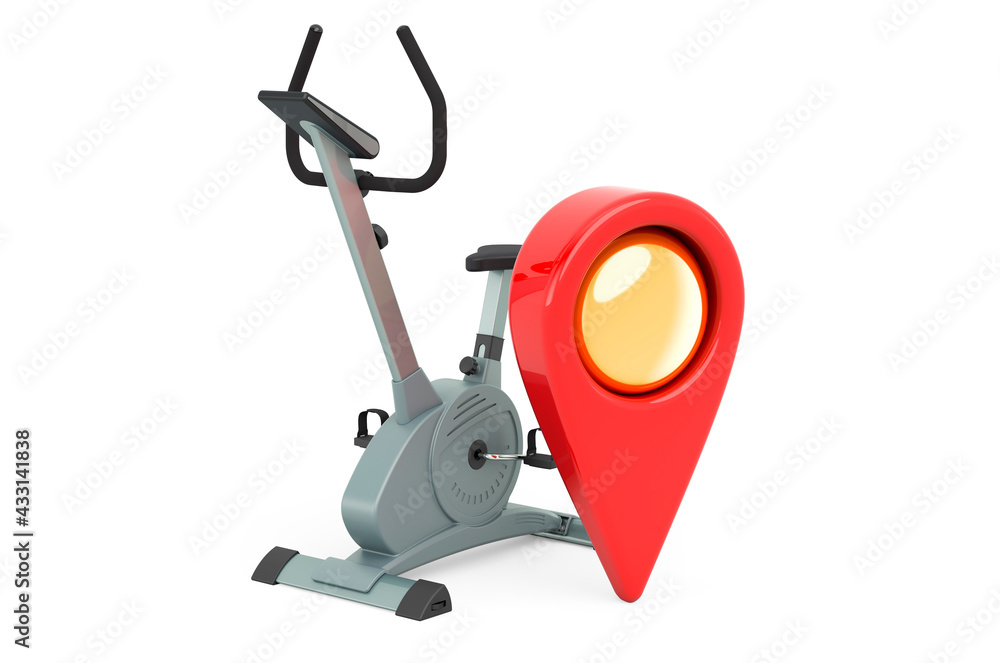 Poster map pointer with exercise bike, 3d rendering