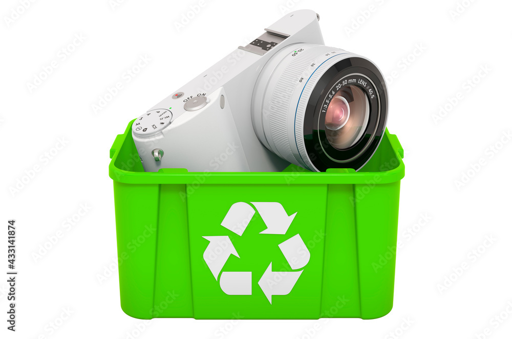 Poster recycling trashcan with mirrorless digital camera, 3d rendering