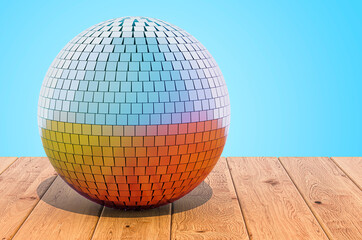 Fototapeta na wymiar Mirror disco ball on the wooden planks, 3D rendering