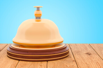 Reception bell on the wooden planks, 3D rendering
