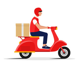 Express delivery. Male courier riding red retro scooter with delivery paper box. Isolated on white background. Flat style vector illustration. Delivery service, online order or food delivery.
