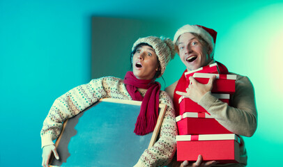 Happiness. Couple. Christmas man and woman. Emotion face man and woman. Sale. 