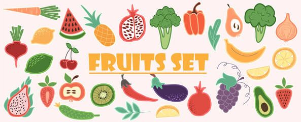 Doodle fruits. Set of tasty ripe juicy exotic tropical fruits, whole and cut into slices. Vegan kitchen apple hand drawn, organic fruits or vegetarian food. Vector illustration in doodle style