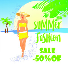 Obraz na płótnie Canvas Vector card summer fashion, summer sale 50%, with the image of a beautiful slender woman on the beach with blond hair, against the background of the blue sea, sky, green palms