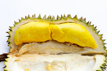 Fresh ripe cut durian on white background.