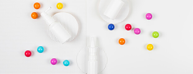 Banner. Medicine packing on the white corrugated paper background. Medicine or pharmacy concept. Copy space. Flat lay.