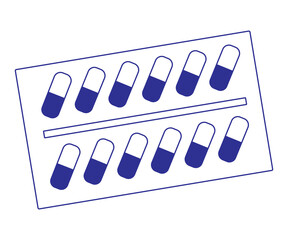 Fototapeta premium Vector simple contour illustration on a white background is depicted in the form of a blister with medical pills.