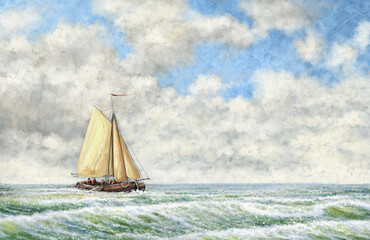 Fototapeta na wymiar Oil paintings sea landscape, sailing boat on the sea. Fine art.