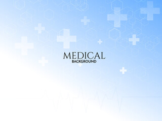 Obraz premium Medical background with blue gradient and white crosses, healthcare science abstract wallpaper, clinical medicine concept with heartbeat line and hexagons