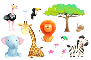 African safari animals isolated clipart collection. Lion giraffe zebra toucan elephant and ostrich colorful jungle wildlife collection for kids, vector cartoon.