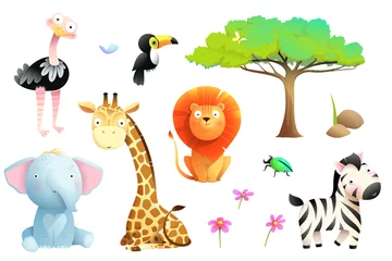 Foto op Canvas African safari animals isolated clipart collection. Lion giraffe zebra toucan elephant and ostrich colorful jungle wildlife collection for kids, vector cartoon. © Popmarleo
