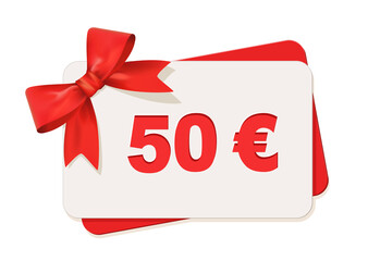 Geschenk Gutschein 50 Euro Karte mit rote Schleife, 
Vektor Illustration isoliert auf weißem Hintergrund
