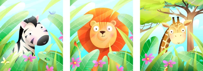 Keuken spatwand met foto Lion, zebra and giraffe in green nature framed with leaves, grass and trees, zoo animals . Colorful african wildlife poster or greeting cards collection for kids, vector cartoon in watercolor style. © Popmarleo