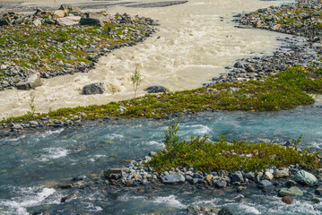 Sunny alpine landscape with confluence of two various mountain rivers. Beautiful clear creek flows...