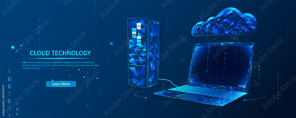 Poster cloud technology. data transfer scheme, polygonal secure connection, cloud computing, server room, d