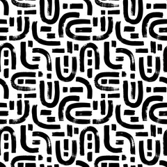 Geometric vector seamless pattern, labyrinth and mosaic motives. Memphis style geometric ornament. Grunge circular brush strokes, dashes. Hand drawn ink illustration. Hipster black paint background.
