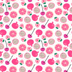 Seamless pattern with fruits: pitaya, cherry, strawberries, grapefruit, pomegranate. Cute vector pink background.