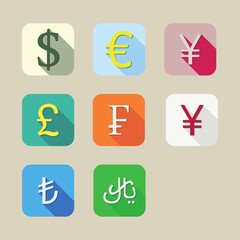 Set of Currency Symbols. Long shadow vector icons.US Dollar, Euro, Franc, GBP, Yen, Yuan, Lira, riyal.