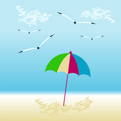 Seascape, surf, sandy coast, umbrella, seagulls, clouds - vector. Journey. Tourism.