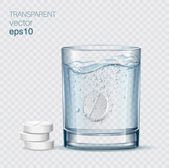 White solvable tablet in the glass with blue water and a few pills next to the glass.  Vitamin pill soluble in fizzy water with bubbles.  Transparent vector