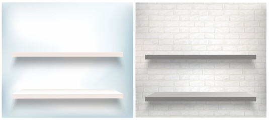 Vector collection of empty shelves. Vector mockup with white and brown wooden shelves. Light and brick wall 
