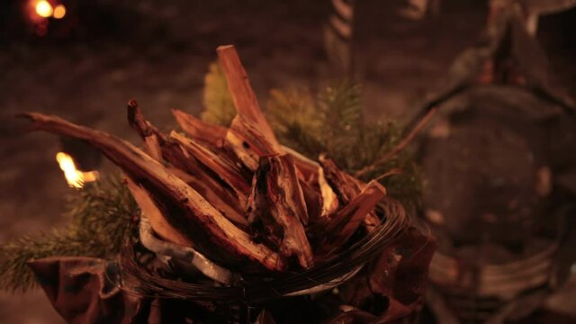 Place for sacrifice made of wood leather and sona branches. Mystical symbols and weapons of the northern wild viking barbarians. Pedestal for battles or sacrifices.
