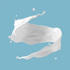 Fotobehang 3d render, twisted spiral milk splash illustration isolated on blue background. White paint splashing. Abstract liquid clip art © NeoLeo