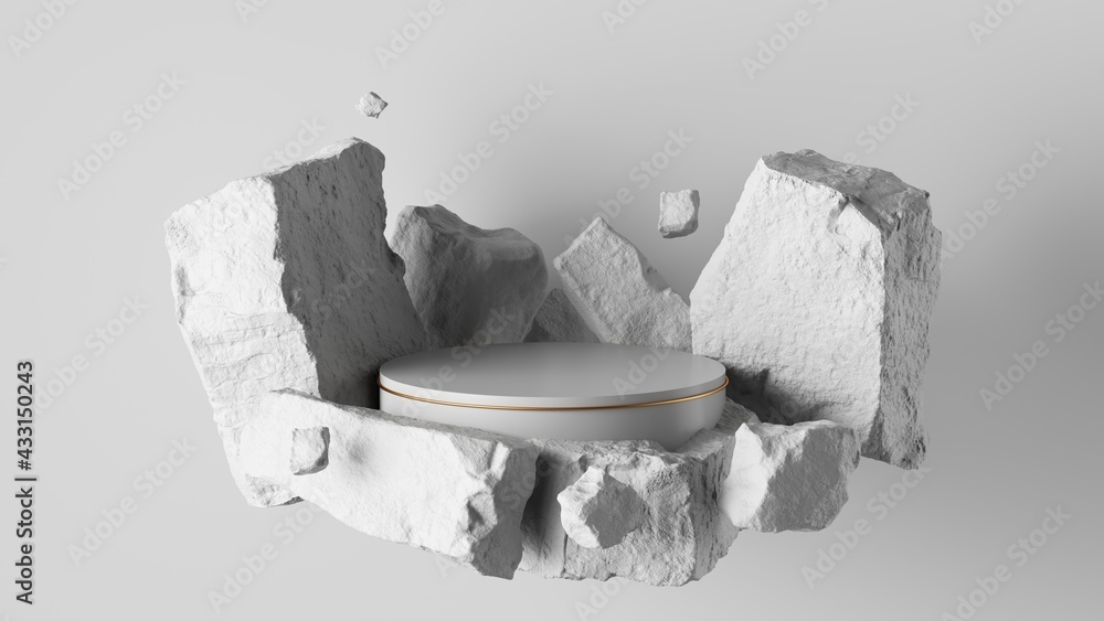 Poster 3d render, abstract background with white cobblestone ruins and rock blocks levitating. modern minim