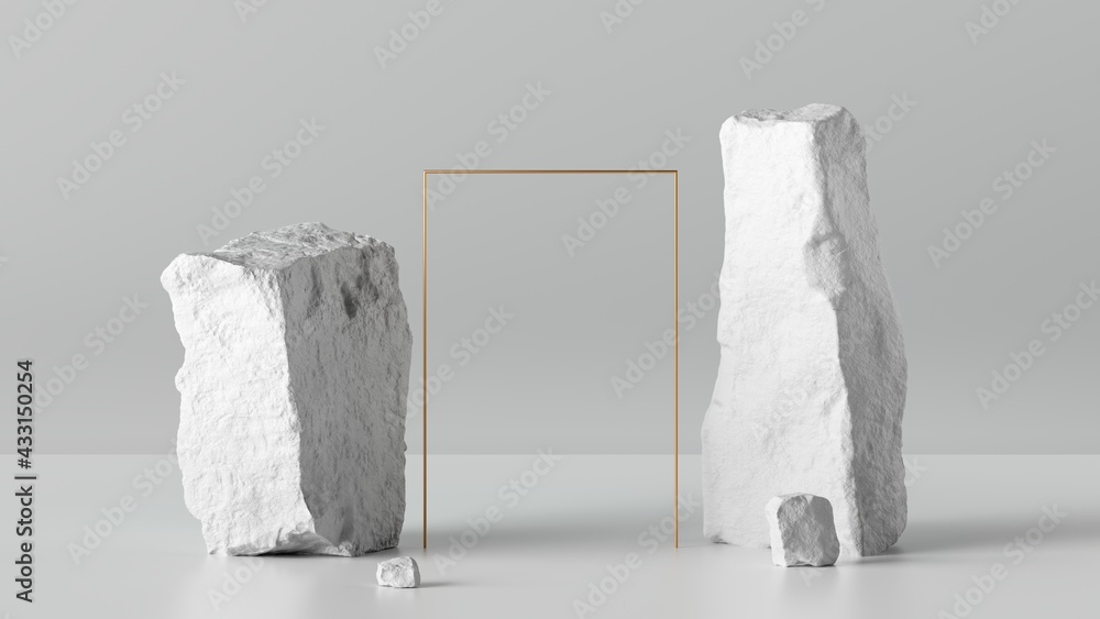 Poster 3d render, abstract background with broken rocks, cobblestones ruins and golden frame. modern minima
