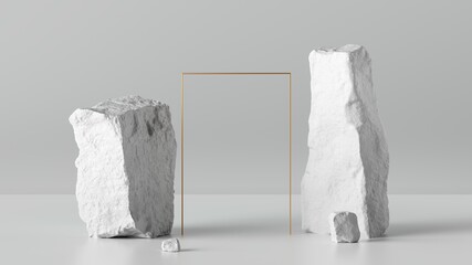 3d render, abstract background with broken rocks, cobblestones ruins and golden frame. Modern minimal showcase scene