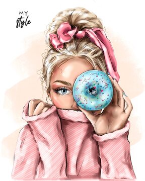 Naklejki Blond hair girl holding doughnut near her eye. Fashion girl with beautiful hairstyle. Pretty young woman. Fashion illustration.