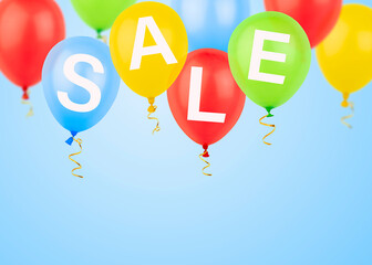 multicolored balloons with the inscription sale on a light blue background