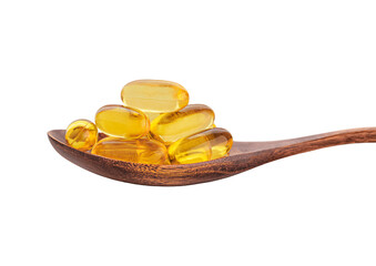 omega 3 on wooden spoon on isolated white background