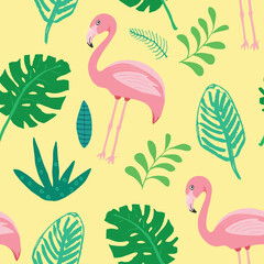 Cute Flamingo and Tropical plants Seamless pattern. Hand Drawn Animal and palm leaves Background. Vector Illustration